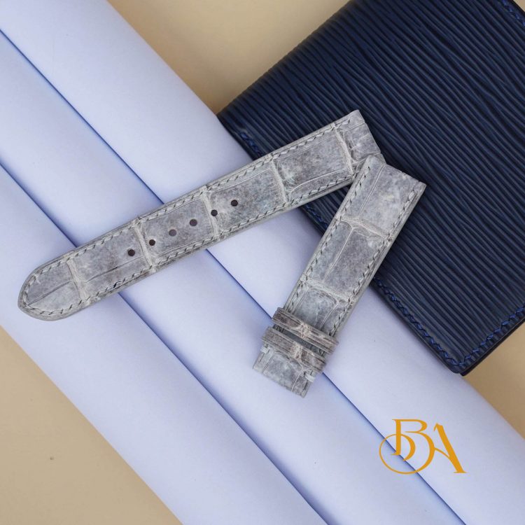 Dây đồng hồ cá sấu Himalaya xám, Dây da cá sấu thật handmade AL102