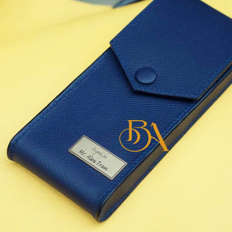 Bao đựng bút da Epsom màu xanh navy, hộp đựng bút da bò Handmade PCE105