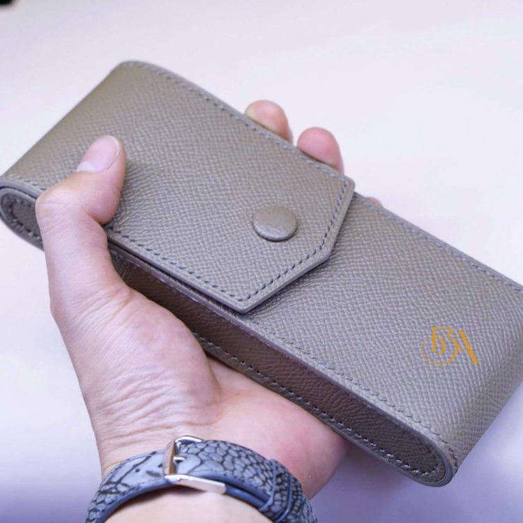 Bao đựng bút da Epsom màu xám cát, hộp đựng bút da bò nhập khẩu PCE104