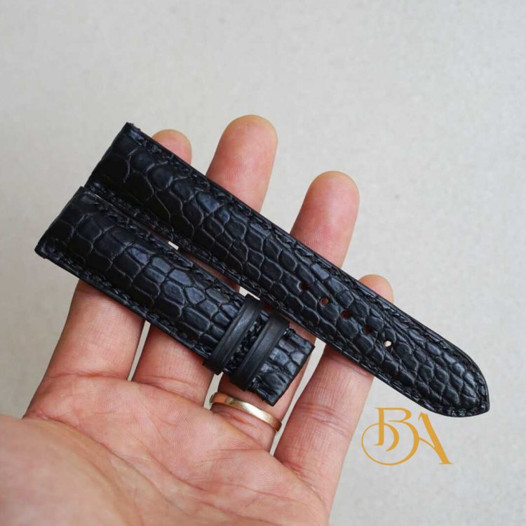 Dây đồng hồ da cá sấu Handmade nhập khẩu màu đen AL121