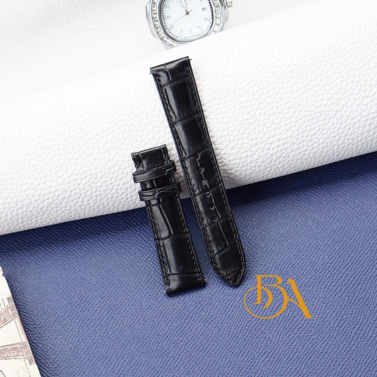 Dây đồng hồ cá sấu Pháp Handmade, dây da cá sấu màu đen AL122
