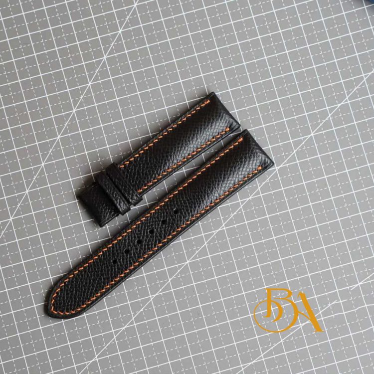 Dây da bò Epsom nhập khẩu màu đen, dây da đồng hồ handmade cao cấp CO118