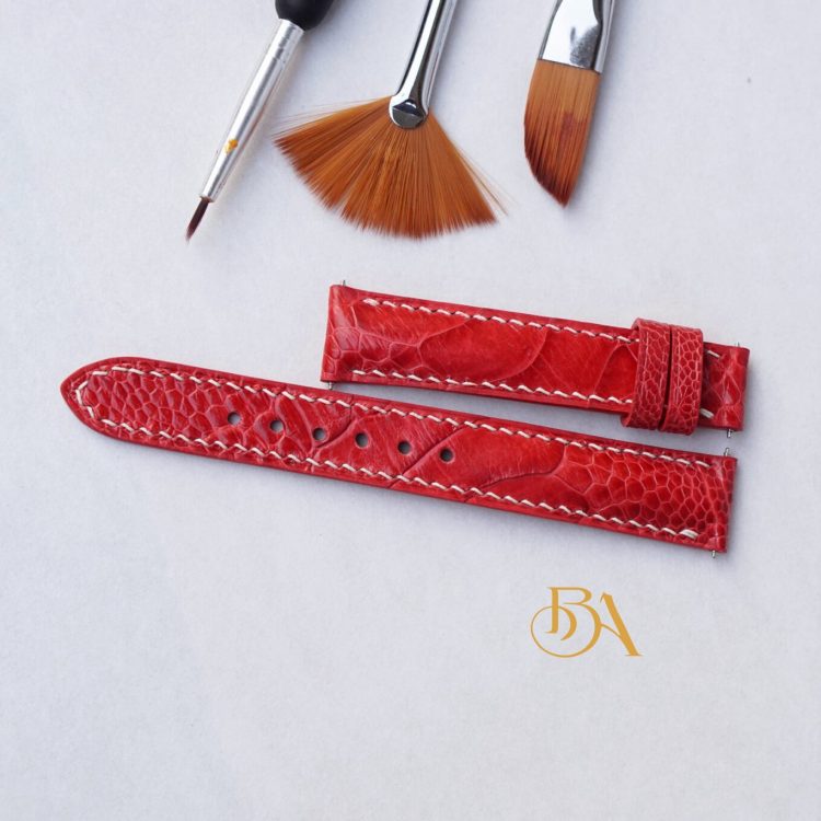 Dây đồng hồ da đà điểu Nam Phi, dây đồng hồ nữ Handmade màu đỏ dâu OS109