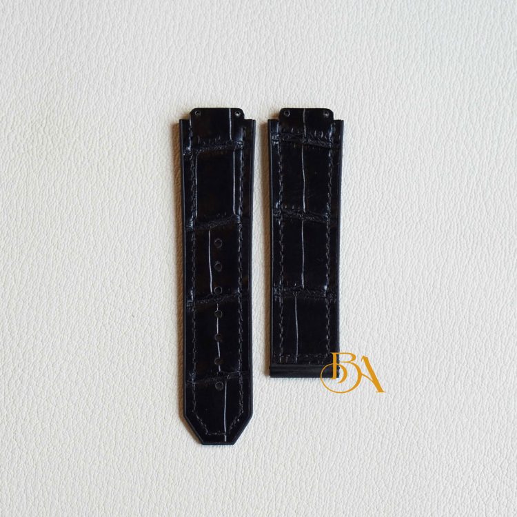 Dây Hublot da cá sấu nhập khẩu, dây da cá sấu Handmade màu đen ALH102