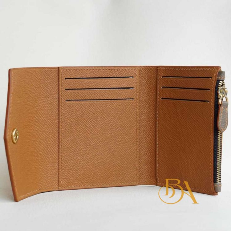 Ví gập 3 da bê Handmade, ví da Epsom nhập khẩu màu xám phối nâu gold CWL133