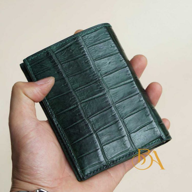 Ví cá sấu xanh rêu nhập khẩu, ví da cá sấu Handmade cao cấp AWL112