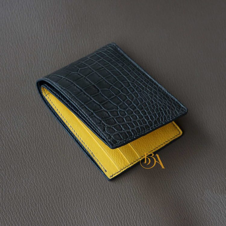 Ví da cá sấu nhập khẩu, ví cá sấu Handmade màu xám phối vàng AWL114