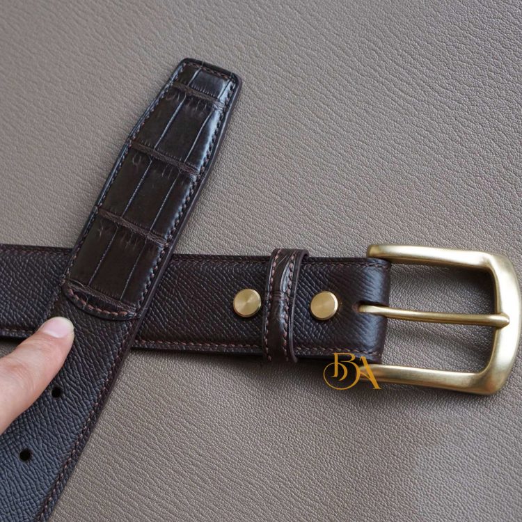 Dây lưng da Epsom Handmade, thắt lưng da bò phối da cá sấu màu nâu Chocolate ELB109