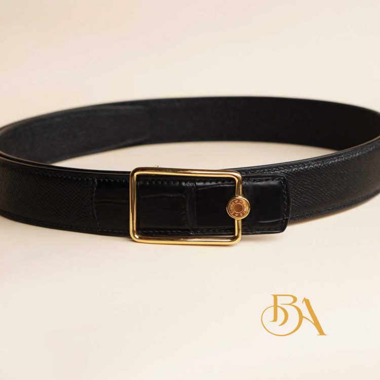 Thắt lưng nam da Epsom Handmade, dây lưng da bò phối da cá sấu màu đen ELB111