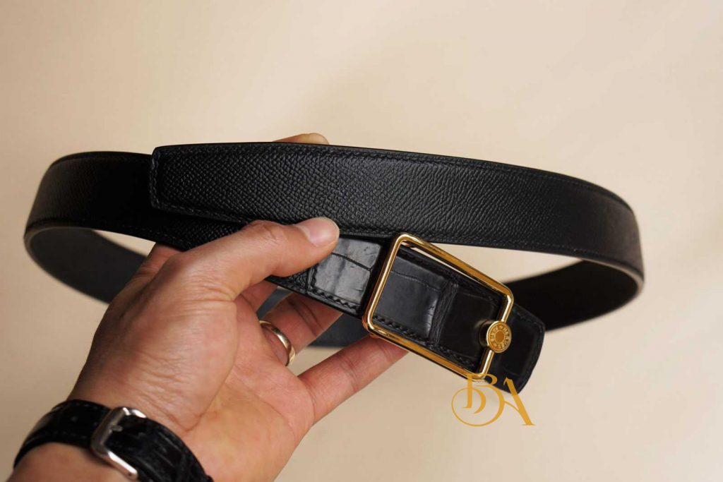 Dây nịt nam đẹp da bò Epsom phối da cá sấu màu đen