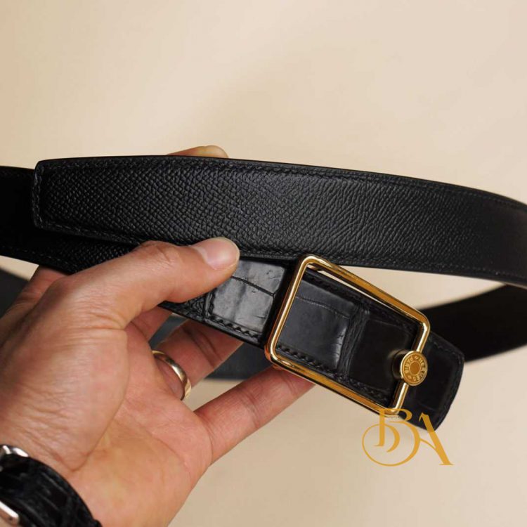 Dây nịt nam đẹp da bò Epsom phối da cá sấu màu đen