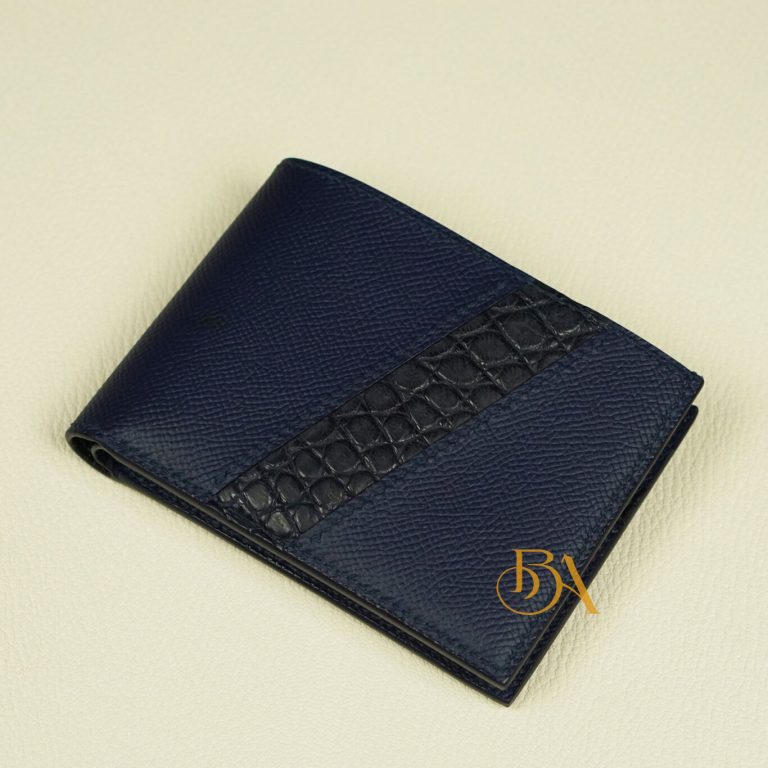 Ví nam da Epsom Handmade, ví da bê phối da cá sấu màu xanh navy CWL141