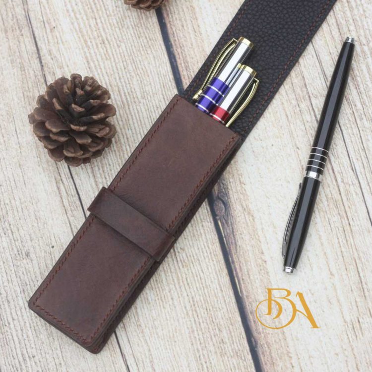 Bao đựng bút da bò Tuscany, bao da bút ký Vintage Handmade nâu đậm PCC107