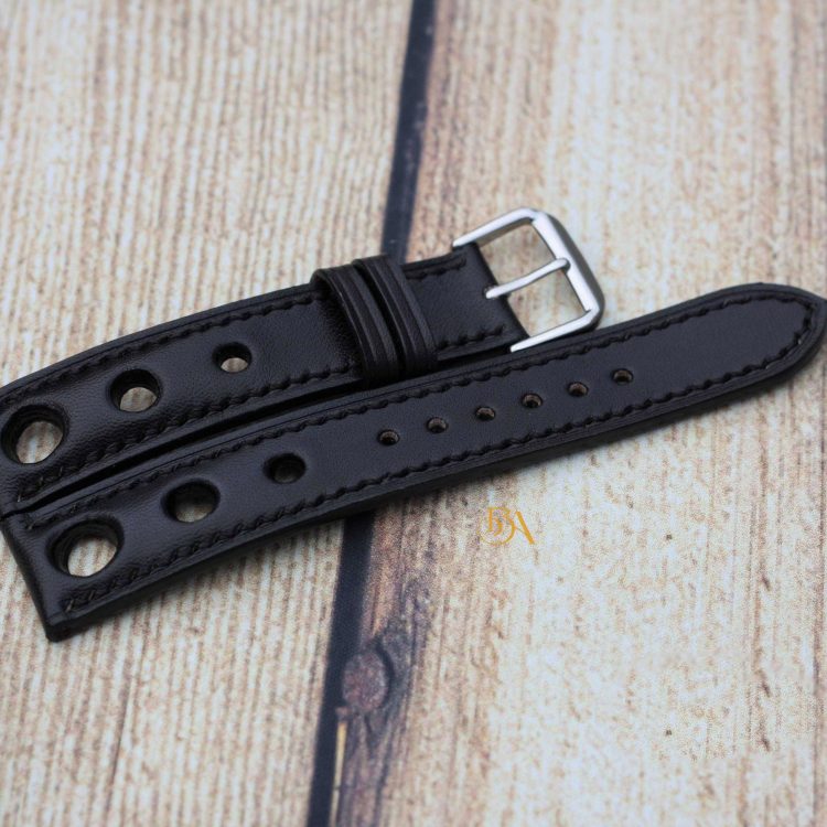 Dây đồng hồ da bò Veg-tan Handmade màu đen phong cách Racing CO140