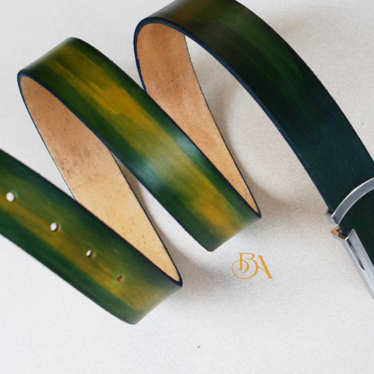 Thắt lưng da bò Veg-tan Handmade màu xanh Patina VLB104
