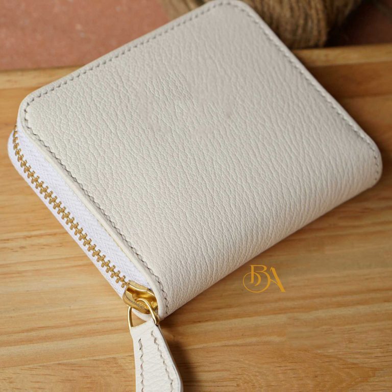Ví zip da dê Alran Chevre Sully, ví nữ handmade màu trắng GWL106