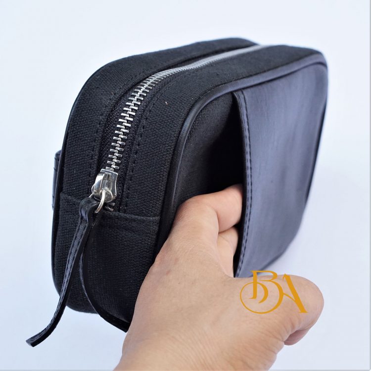 Clutch Da Nam Phối Vải Canvas. Clutch Da Thời Trang Màu Đen M026