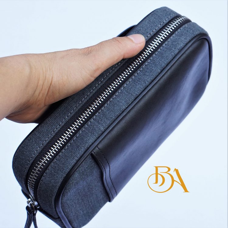 Clutch Da Nam Phối Vải Canvas. Clutch Da Thời Trang Màu Xám Ghi M027