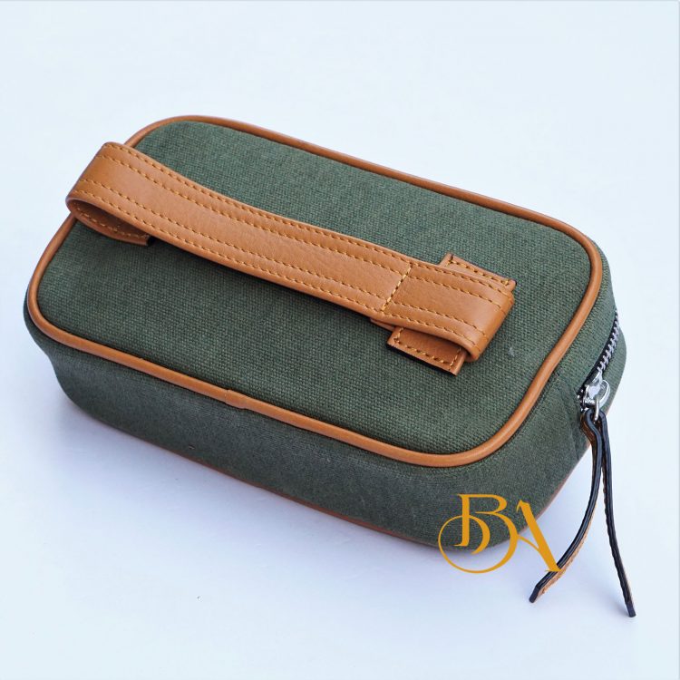 Clutch Da Nam Phối Vải Canvas. Clutch Da Thời Trang Màu Xanh Rêu M015