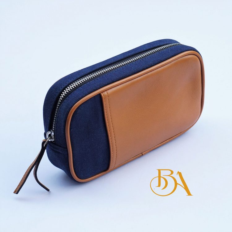 Clutch Da Nam Phối Vải Canvas. Clutch Da Thời Trang Màu Xanh Navy M017