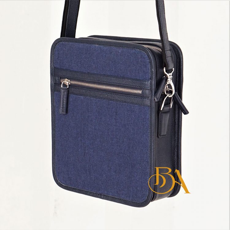 Túi Da Bò Phối Vải Canvas Màu Xanh Navy. Túi Xách Đeo Chéo Nam M024