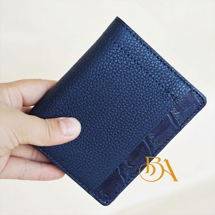 Ví Da Bò Vân Hạt Phối Da Cá Sấu. Ví Nam Dáng Đứng Màu Xanh Navy M031