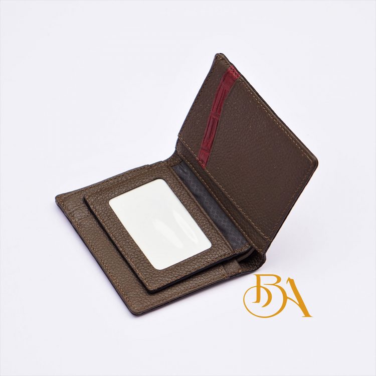 Ví Da Bò Vân Hạt Phối Da Cá Sấu. Ví Nam Dáng Đứng Màu Nâu Phối Đỏ M002