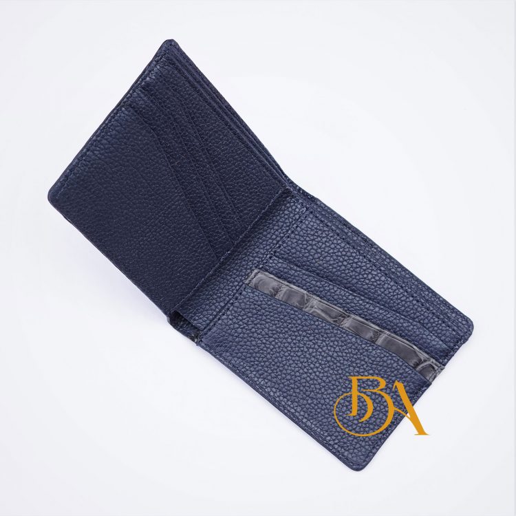 Ví Da Bò Vân Hạt Màu Xanh Navy Phối Da Cá Sấu. Ví Da Bò Nam Dáng Ngang M035