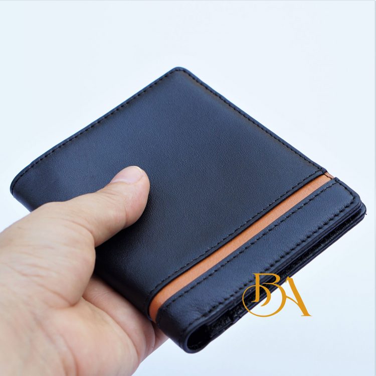 Ví Da Bò Nhập Khẩu Màu Đen Phối Vàng. Ví Nam Da Thật Dáng Đứng M046