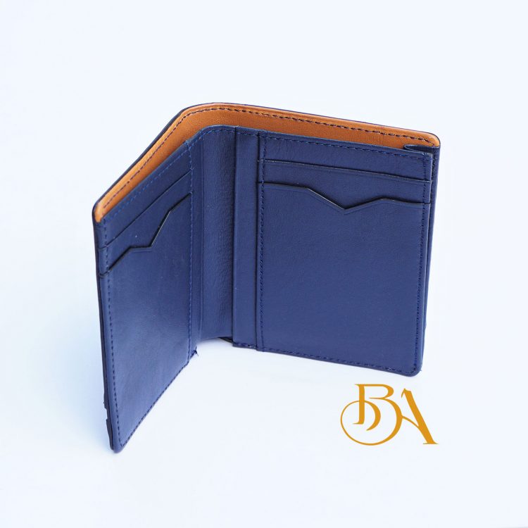 Ví Da Bò Nhập Khẩu Màu Xanh Navy Phối Vàng. Ví Nam Da Thật Dáng Đứng M058