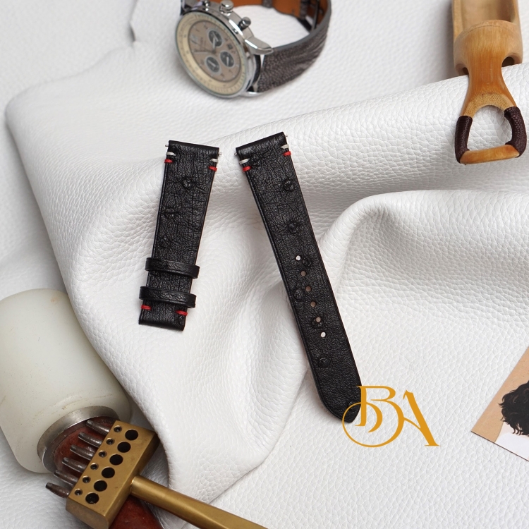 Dây đồng hồ Handmade da đà điểu màu đen chốt thông minh OS122