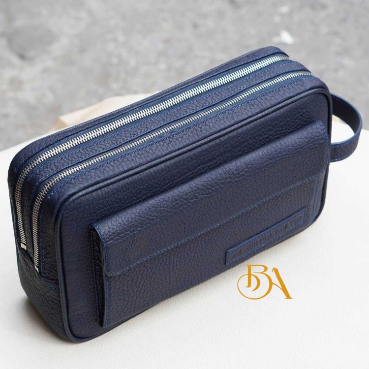 Clutch cầm tay 2 khóa kéo da Togo nhập khẩu, ví Clutch nam da bò xanh navy CTB005