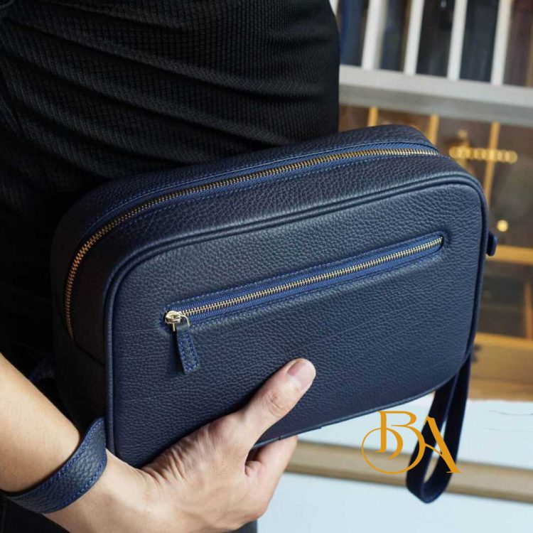 Clutch cầm tay da Togo nhập khẩu, Clutch chơi golf da bò Handmade xanh navy CTB004