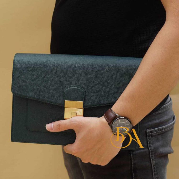 Clutch cầm tay da bê nhập khẩu, Clutch khóa số da Epsom Handmade CTB006