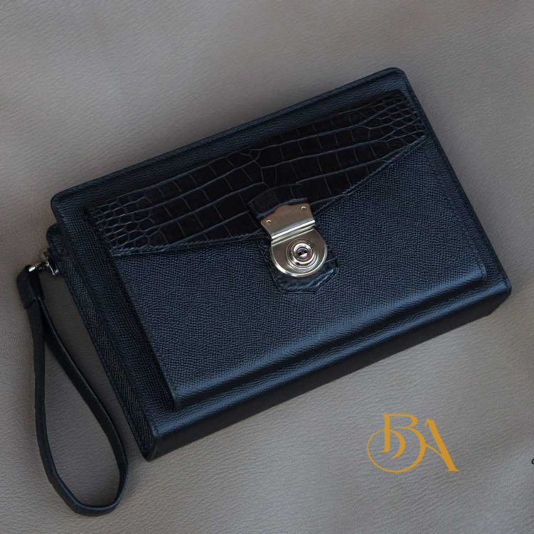 Clutch da Epsom Handmade có khóa, Clutch cầm tay da bê kết hợp cá sấu cao cấp CTB007