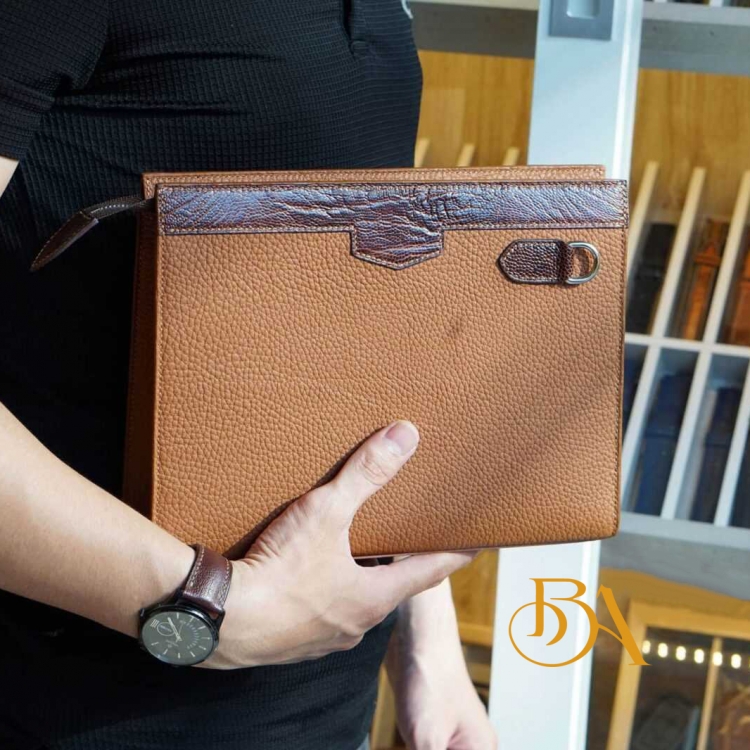 Clutch cầm tay da Togo nâu Gold, Clutch da bò Handmade cao cấp CTB009