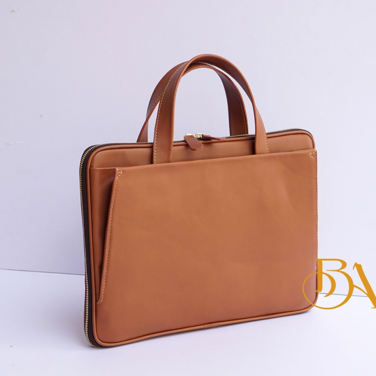 Túi xách công sở da bò Nappa nâu Gold, Cặp xách mỏng gọn da bò CTB014