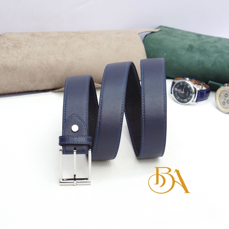 Dây lưng da bê Saffiano xịn, thắt lưng nam màu xanh navy HLB105