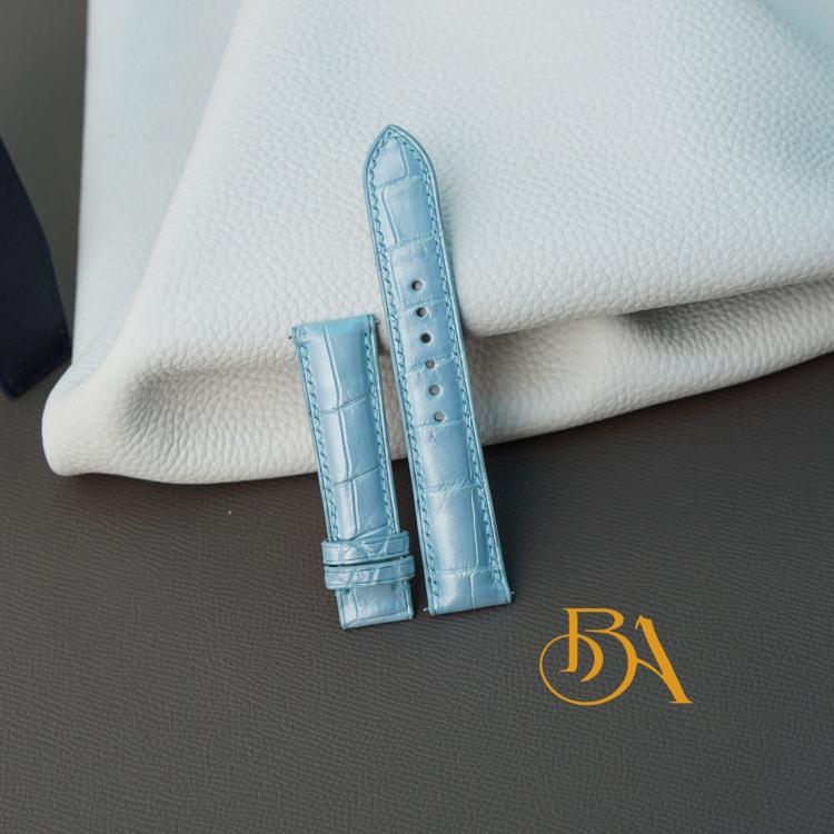 Dây đồng hồ cá sấu Handmade màu xanh ngọc trai AL135