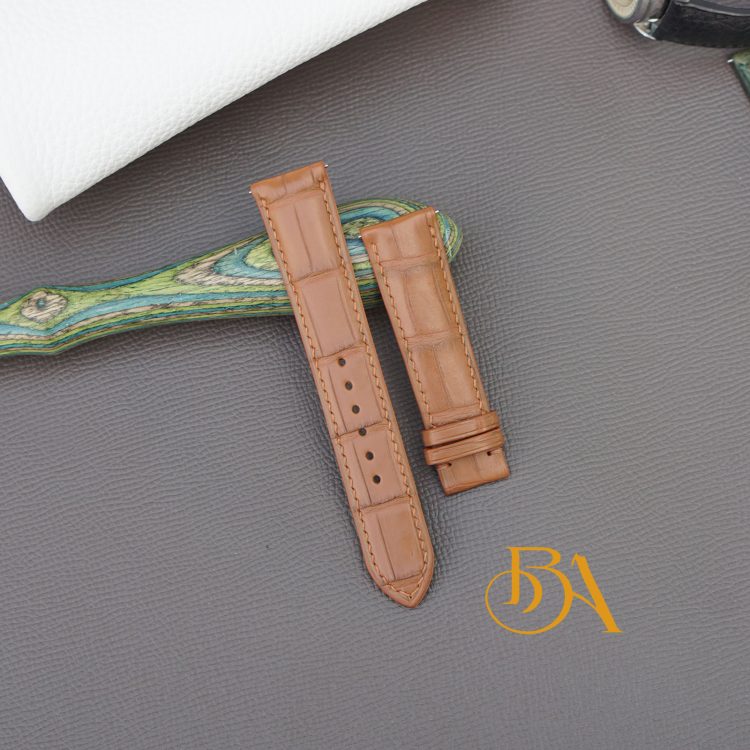 Dây da cá sấu Pháp Handmade, dây đồng hồ cá sấu Alligator nâu gold AL139
