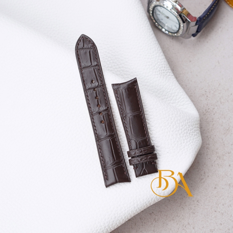 Dây đồng hồ da cá sấu Pháp nâu đậm, đầu chốt cong AL138