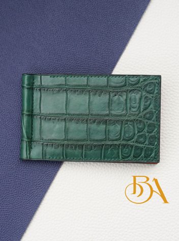 Ví kẹp tiền cá sấu nhập khẩu, ví Money Clip da cá sấu Handmade xanh lá AWL166