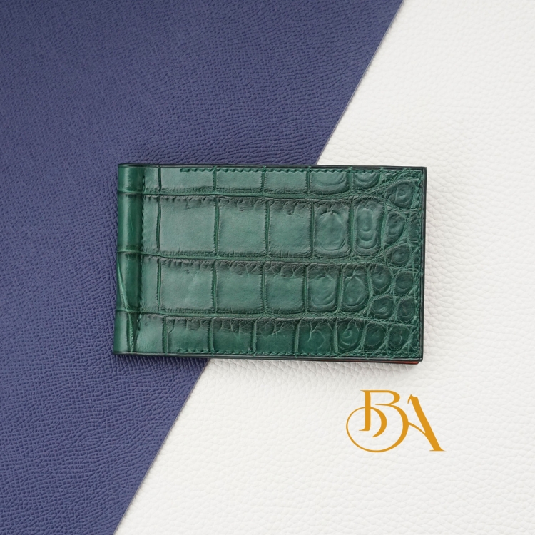 Ví kẹp tiền cá sấu nhập khẩu, ví Money Clip da cá sấu Handmade xanh lá AWL166