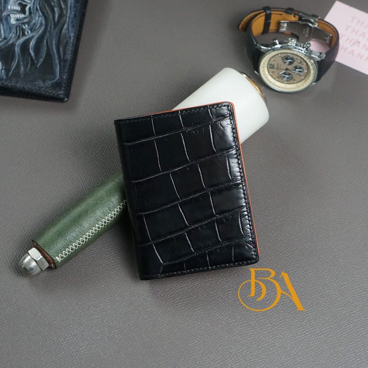 Ví cá sấu đen dáng đứng cho nam, ví da cá sấu Handmade cao cấp AWL168